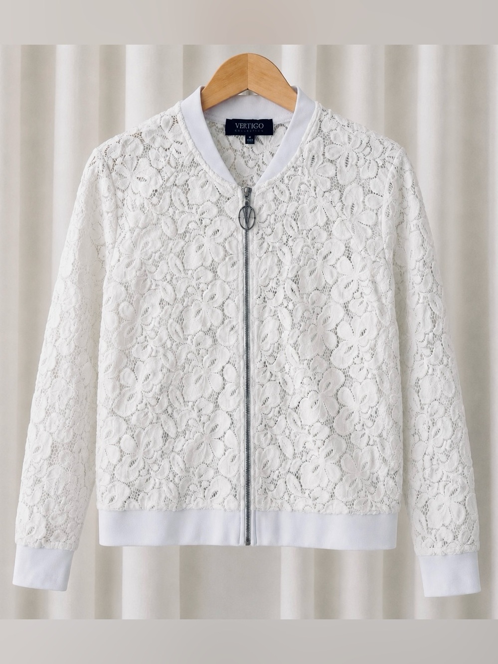 Vertigo Paris White Embroidered Floral Lace Bomber Jacket Size M Sheer Zip Front
